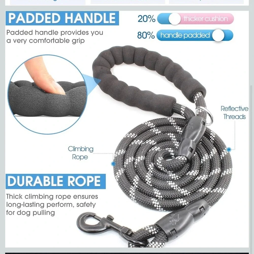 AtPet Large Dog Leash 60‎ Inch Padded Handle Reflective Climbing Rope Black Gray